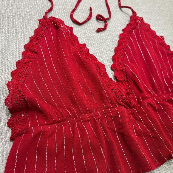 Boho Red Crochet Lace Trim Striped Halter Top Crop Tie Neck Party Wear Sz XL - Picture 2 of 5